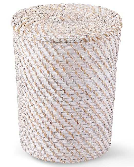 84ECO White Wicker Trash Can with Lid and Liner - Rattan Trash Can