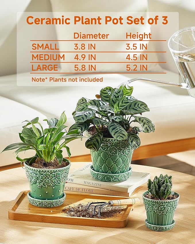 Metahom Ceramic Plant Pots, 3.8+4.9+5.8 Inch, Set of 3 Flower Pots with Drainage Hole & Saucer, Embossed Planter Pots for Indoor Plants, Home Decor, Green