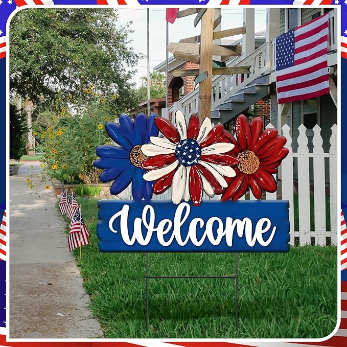 Amyhill 1 Pcs Patriotic 4th of July Outdoor Decor Daisy Metal Garden Stakes Memorial Day Welcome Yard Signs Decorations Garden Stakes for 250th Anniversary Patio Lawn Walkway Outside