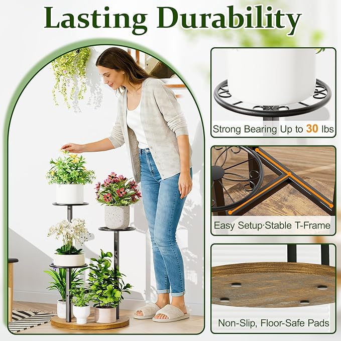 Metal Black Plant Stand Indoor Outdoor,3 Tier Tall Flower Pot Holder Potted Display Rack Shelf, Heavy Duty Plant Shelf for Patio Garden Balcony Living Room Bedroom - BlackS