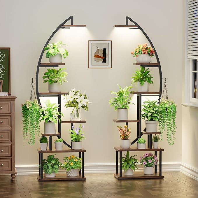 Plant Stand Indoor with Grow Lights: Large Plant Shelf for Multiple Plants, 2 Pack Plant Racks 7 Tiered, Lighted Corner Flower Stands Half Moon, Black Plant Holders Indoor Tall for Living Room Patio