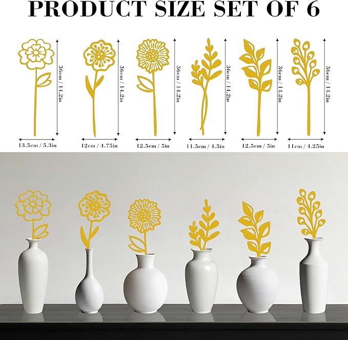 Gold Metal Flowers Set of 6, Decorative Garden Stakes for Outdoor, Yard Art, Flower Bed Decor, Garden Decorations for Pots and Flower Vases, Elegant Metal Flowers for Patio, Garden, and Home