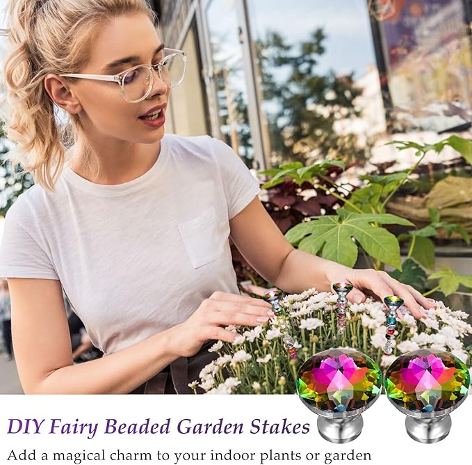 MTLEE 101 Pcs DIY Fairy Mini Wand Garden Beaded Stakes Kit Decorative Beaded Garden Stakes with Diamond Stopper Top Multiple Color Round Glass Bead with Pendant Silver Bead for Outdoor Decoration