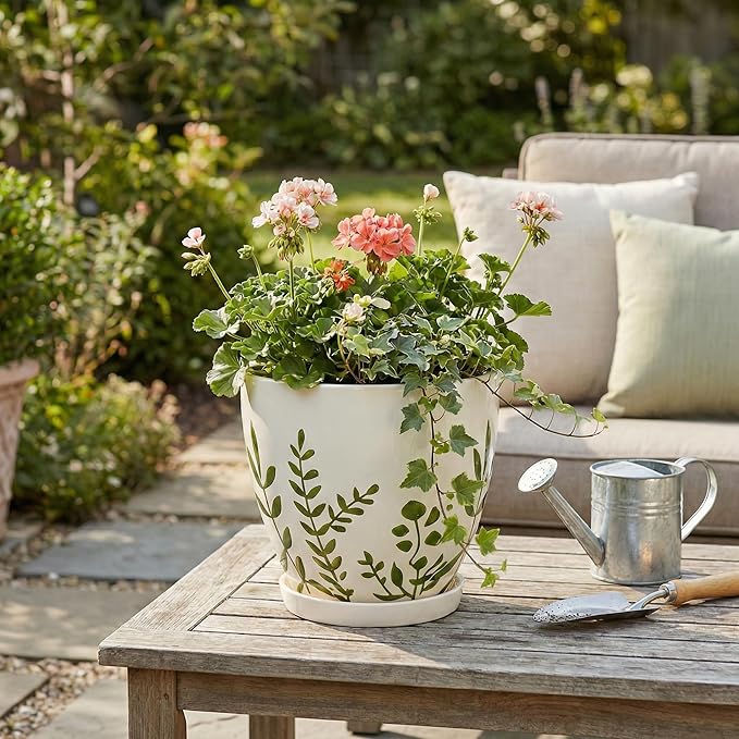 MPotTo Ceramic Pot for Plants 8.2 Inch - Indoor Plant Pot with Drainage Hole and Saucer, Decorative Boho Round Outdoor Planter, Gardening Gifts for Women Men, Room Patio Office Home Decor, White