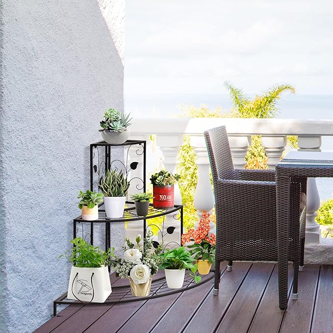 S AFSTAR Corner Plant Stand, 3-Tier Mental Plant Stand, Plant Flower Pot Display Rack, Pot Holder Shelf, Rustproof Ladder Potted Shelf, Outdoor Plant Stands for Patio Garden Yard Balcony (Black)