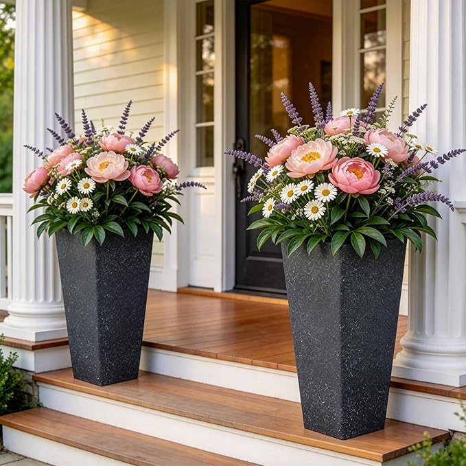 Autodaya 28" Plant Pots Tall Planters for Plants Outdoor Set of 2 Plastic Planter Pot Large Flower Pots Indoor Weather-Resistant for Patio, Porch, Garden, Front Door Christmas Decor Terrazzo Black