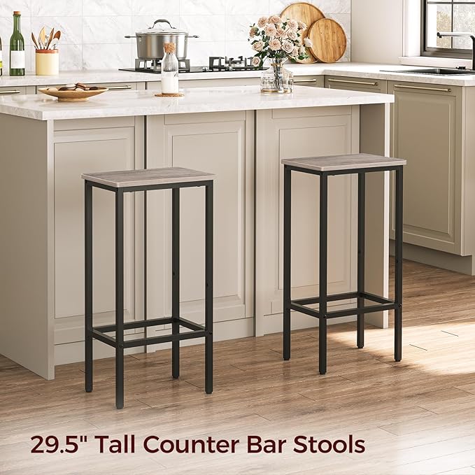 MAHANCRIS Set of 2 Bar Stools, 29.5" Tall Counter Bar Stools, Kitchen Breakfast Bar Chairs with Footrest, Rectangular Industrial Bar Chairs, for Dining Room, Greige and Black BAHG01701