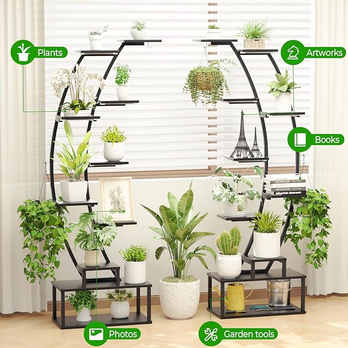 Plant Stand Shelf Indoor with 8 Grow Light, 10 Tiered 65" Tall Black Large Half Moon Lighted Plant Rack Holder, 2 Pack Big High Circular Arch Multi Herb Stand with Built in LED Grow Light Set