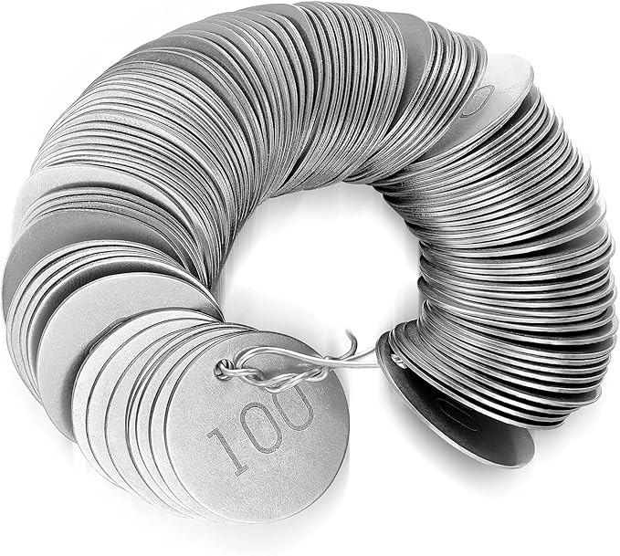 Round Tag 1-1/4 Inch Small Circle Metal Tags Number Options 001-050 Stamping Tag with Hole for Pets, Plants, Doors (100 Pieces)