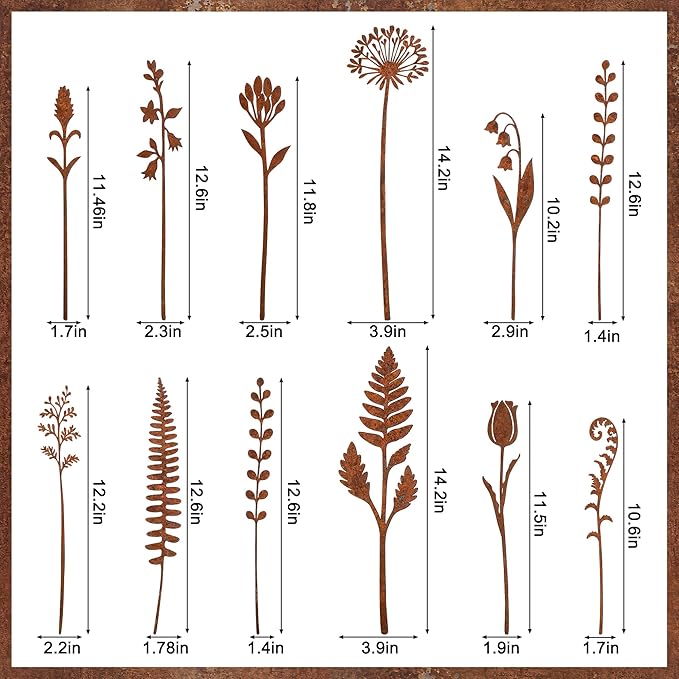 12 Pcs Rusty Metal Flowers and Plants, Rustic Metal Fern Leaf Garden Stakes, Rusty Plant Shaped Decoration for Flower Arrangement Potted Plants Outdoor Lawn Yard Courtyard Art