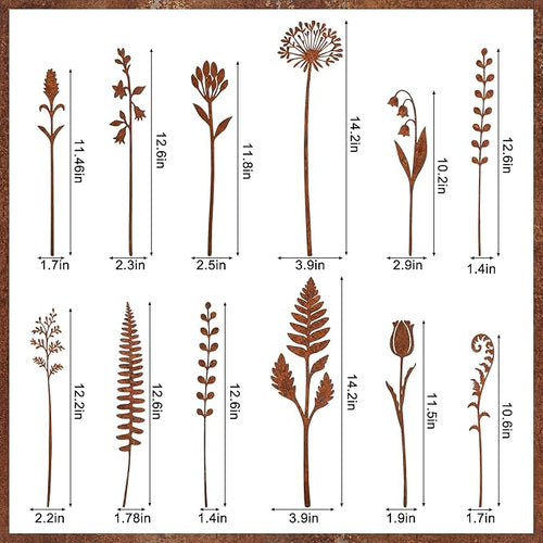 12 Pcs Rusty Metal Flowers and Plants, Rustic Metal Fern Leaf Garden Stakes, Rusty Plant Shaped Decoration for Flower Arrangement Potted Plants Outdoor Lawn Yard Courtyard Art