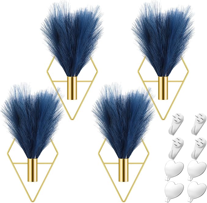 Hanaive 4 Sets Boho Wall Decoration Metal Wall Art Hanging Planters with Artificial Pampas Display Modern Home Vase for Bedroom Home Office (Soft,Dark Blue)