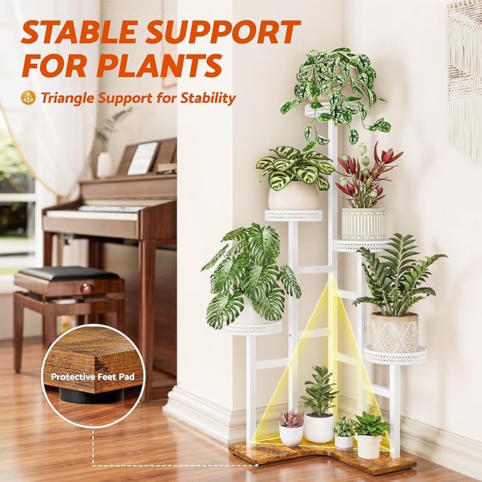 6 Tier Plant Stand, Tall Metal Wood Plant Shelf Corner Display Rack, Tiered Flower Pot Stands for Living Room Balcony Garden Patio