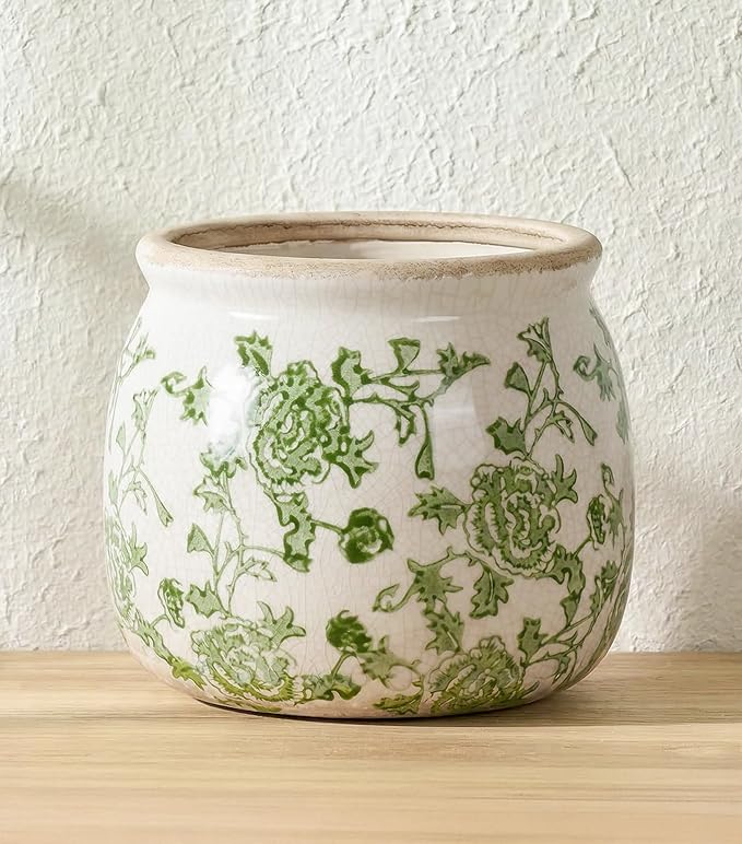DREAMLOOM Vintage Ceramic Planter for Indoor Plants,6.1" Ice Crack Cottage Scroll Vase Tuscan Decor Flower Pots with Drainage Holes Home Kitchen Farmhouse Antique Decorative Gift (Green-Round)