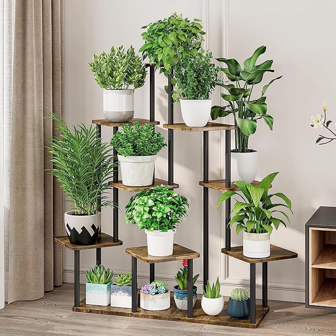 9 Tier Plant Stand Indoor, Thickened Metal Wood Corner Plant Shelf Stands for Multiple Plants, Indoor Tall Plants Stand Tiered Flower Holder for Living Room Patio Garden Balcony(Black+Brown)
