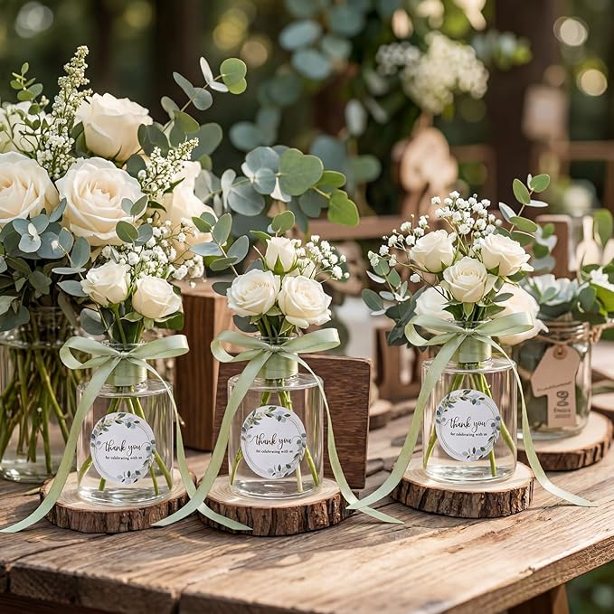 30 Set 4.33'' Plastic Plant Propagation Stations Gifts Bulk 4oz Plant Propagation Jars Planter Vase with Thank You Tags and Ribbons for Guests Wedding Bridal Shower(Green Leaves)