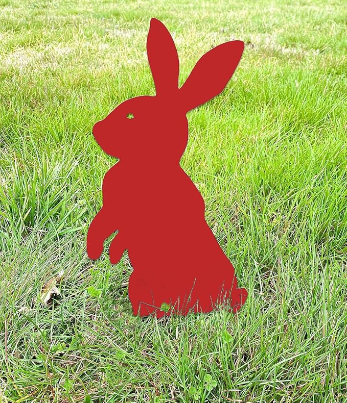 Metal Rabbit Yard Stake, Rustic Rabbit Standing Art, Easter Bunny, Easter Spring Decor, Metal Garden Stake, Metal Yard Art(Red,7”x13” /18cm x 32cm)