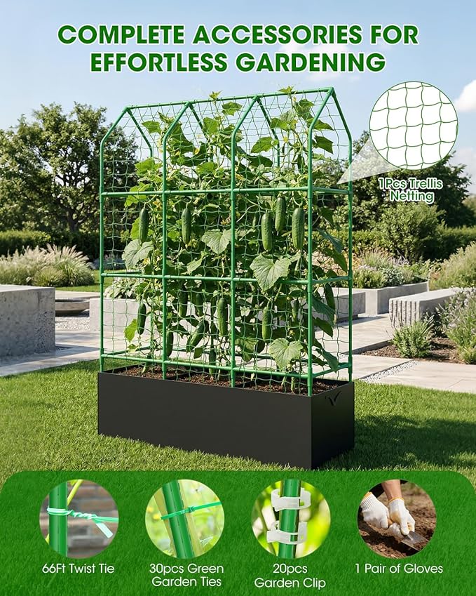 65" Cucumber Planter with Trellis for Climbing Plants Outdoor, Metal Garden Trellis for Raised Bed, Plant Support Structures with Netting for Cucumbers Tomatoes Beans Peas (50 * 17 * 65inch(L*W*H)