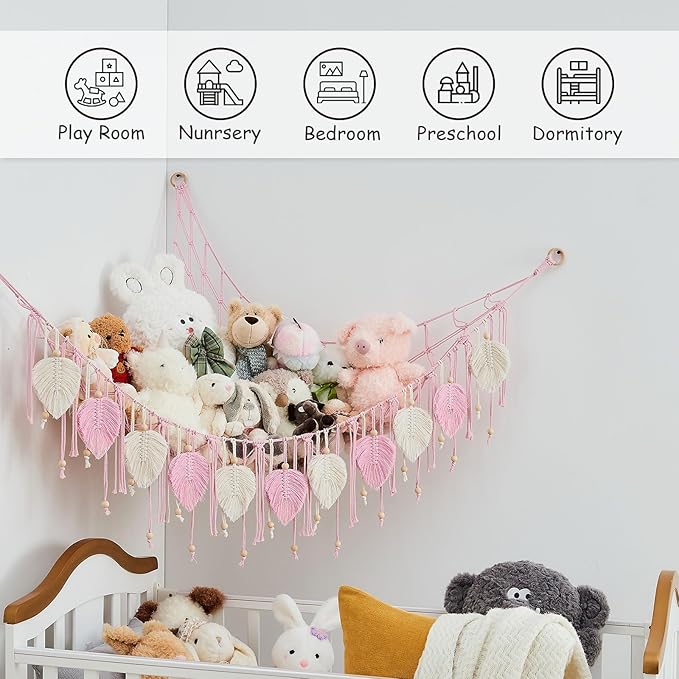 Pretty Jolly Macrame Stuffed Animal Hammock with Beads Hand Woven Leaf Tassels Corner Hanging Net Boho Holder for Kid Room Nursery Decor Easy Install Organizer for Girls Gift(Light Pink)