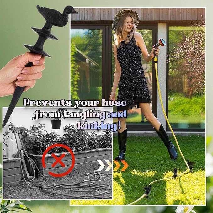 Tandefio 3 Pcs Animals Garden Hose Guide Stakes, Owls Squirrels Ducks Heavy Duty Decorative Antique Black Cast Iron Metal Hose Guides, Plant Protector for Lawn Yard Flower Bed
