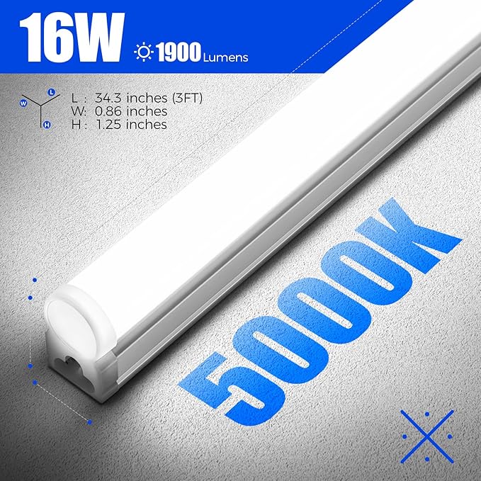 Barrina T5 3FT LED Shop Light, 1900lm, 5000K Daylight White, 16W Utility Light Fixture, Commercial Bay Light for Workshop Garage, Corded Electric with ON/Off Switch, 6 Packs