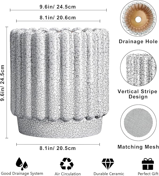 Ceramicfor Ceramic Flower Pots - 9.6 Inch Indoor Planter, Decorative Ceramic Plant Pots with Drainage Hole, Fluted Round Large Planter Outdoor, Living Room Decor, Gifts for Women Men, Black and White
