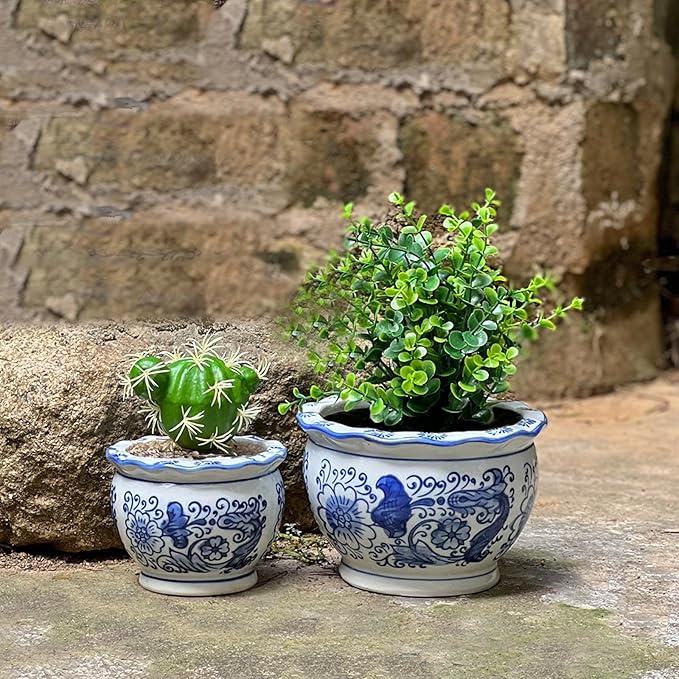HakkaGirl Blue and White Planters, Succulent Pots Ceramic Plant Pots Indoor with Drainage for Home Décor - Set of 3