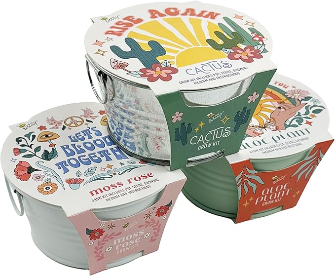 Buzzy Seeds Cactus, Moss Rose, Aloe Mini Basin Grow Kit Trio, 3pk, Indoor Gardening Starter Pots