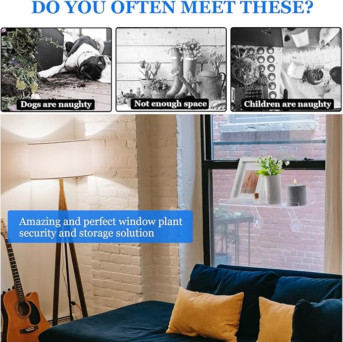 2 Pcs Plant Window Shelf, Window Plant Shelves with Bracket,15in Transparent Acrylic Sill Extender with Suction Cup, Floating Shelf for Plants Apply to Succulents, Seed Plant