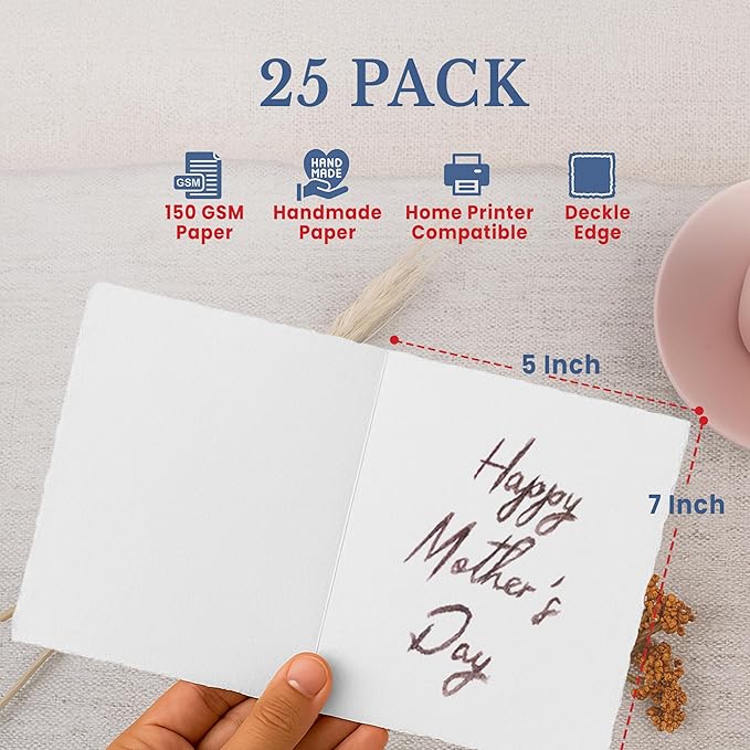 Wanderings Handmade Deckle Edge Tent Cards – Folded to 5 x 7/12.5x18cm – 150 GSM - 25-Pack – Textured Cotton Paper – Ideal for Placecards, Blank Name Cards, Table Settings, Gift Tags, Love Notes