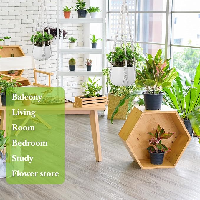 White Macrame Plant Hanger Set, 2 Pack Boho Hanging Plant Holder, Plants Hanger for Indoor Outdoor Home Decoration, 21 Inchs Braided Cotton Hanging Planters for Indoor Plants, No Tassels
