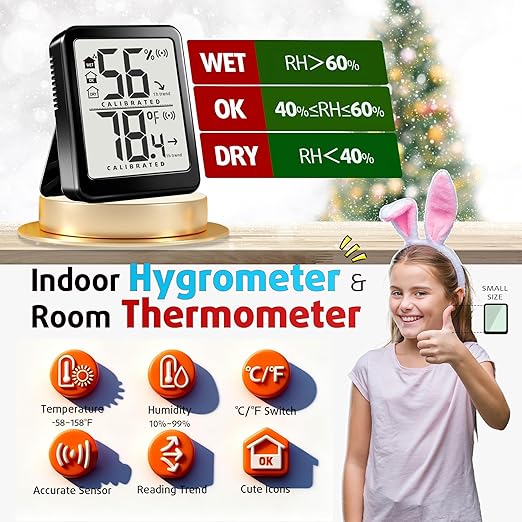 Antonki 2 Pack Room Thermometer Small Hygrometer Indoor Humidity Monitor Sensor, Digital Temperature and Humidity Meter Gauge for Home, Baby Nursery, Reptile, Greenhouse - Battery Included