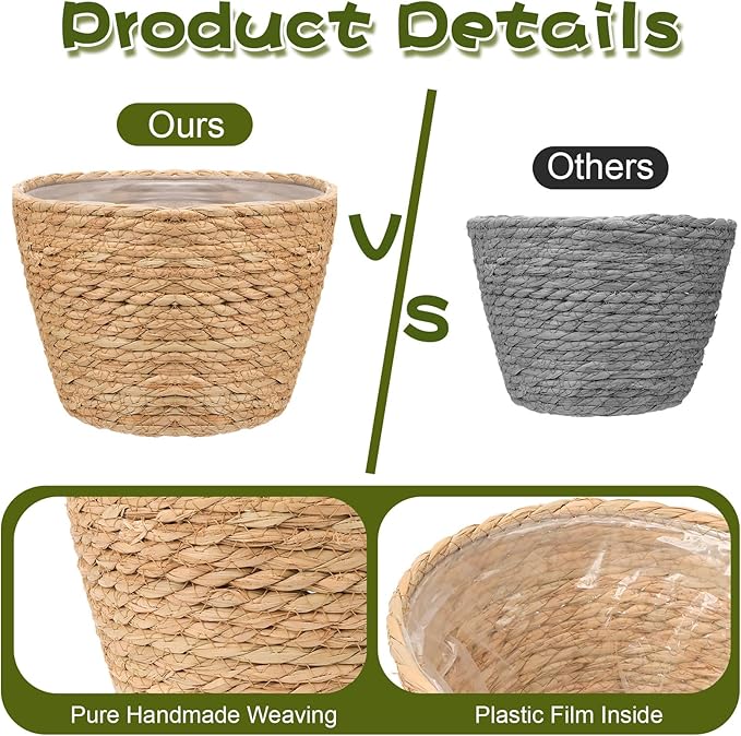 4PCS Straw Woven Plant Basket Middle Premium Seagrass Planter Basket with Plastic Lining Natural Stylish Planter Baskets Indoor Outdoor Plants Woven Wicker Baskets for Plants Flower Pots