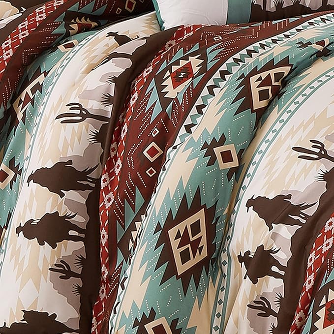 Chezmoi Collection Audun 3-Piece Southwestern Cowboys Aztec Comforter Set - Multicolor Teal Brown Beige Tan Red Printed Washed Microfiber Bedding, Queen Size