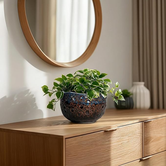 6 Inch Plant Pot - Ceramic Pots for Indoor Outdoor Plants, Round Decorative Planters with Drainage Hole and Plug, Unique Flower Pots, Home Office Decor, Gardening Gifts for Women, Brown-blue