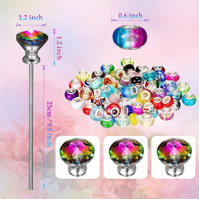 MTLEE 101 Pcs DIY Fairy Mini Wand Garden Beaded Stakes Kit Decorative Beaded Garden Stakes with Diamond Stopper Top Multiple Color Round Glass Bead with Pendant Silver Bead for Outdoor Decoration