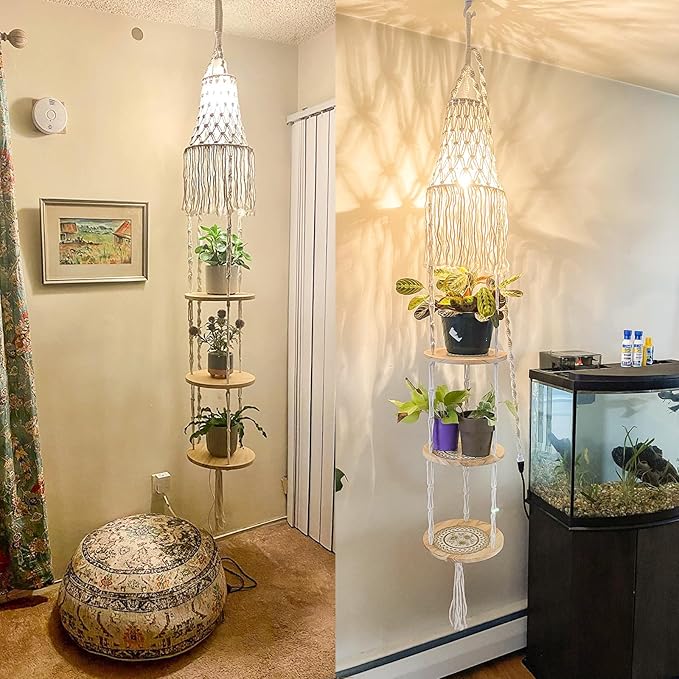 Macrame Lamp Shade and Hanging Plant Holder Shelf Indoor for Boho Bedroom Decor Plug in Pendant Light Hanging Light with Plug in Cord and Switch for Bohemian Office Corner Reading Light (Cream)