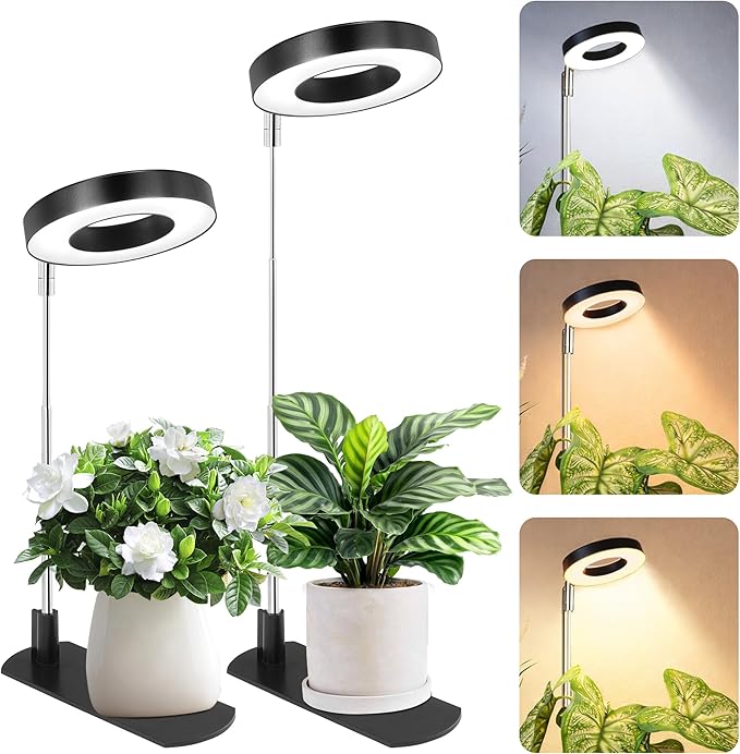 LBW Grow Light for Indoor Plants, Full Spectrum Halo Plant Grow Light with Base, Height Adjustable Plant Lamp with Auto Timer 6/8/12/16H, 3 Color,5 Dimmable Level, for Small Plants, Black, 2 Packs