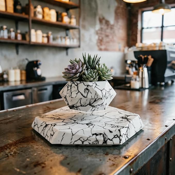 Marble Nursery Pot - Floating Planter for Succulents, Indoor Decor, 360° Sunlight Exposure (9.45 x 9.85 x 7.09 inches)