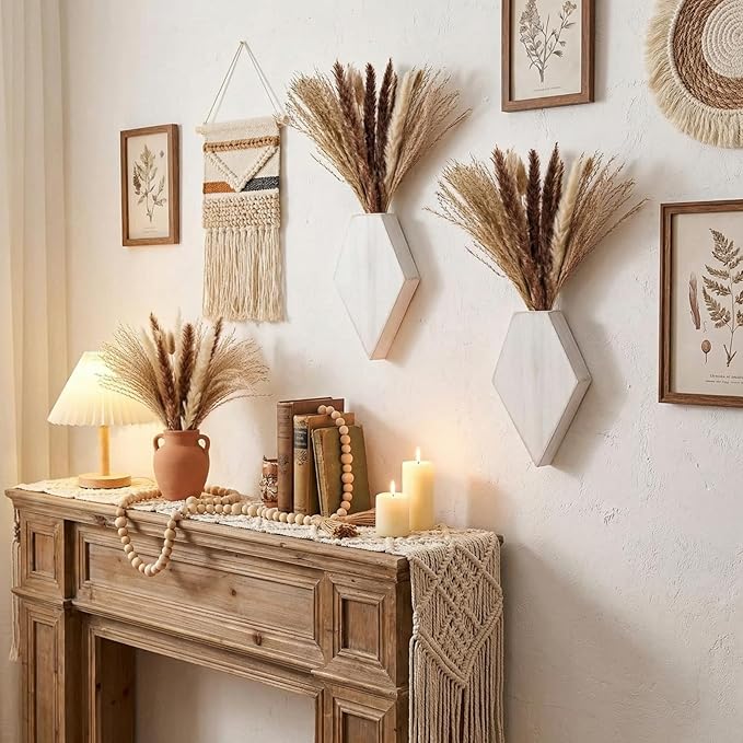 2 Pcs Bohemian Wooden Wall Planter Set with Pampas Grass Modern Farmhouse Wall Decor for Living Room, Bathroom, Bedroom, Office(White Distressed,Regular Style)