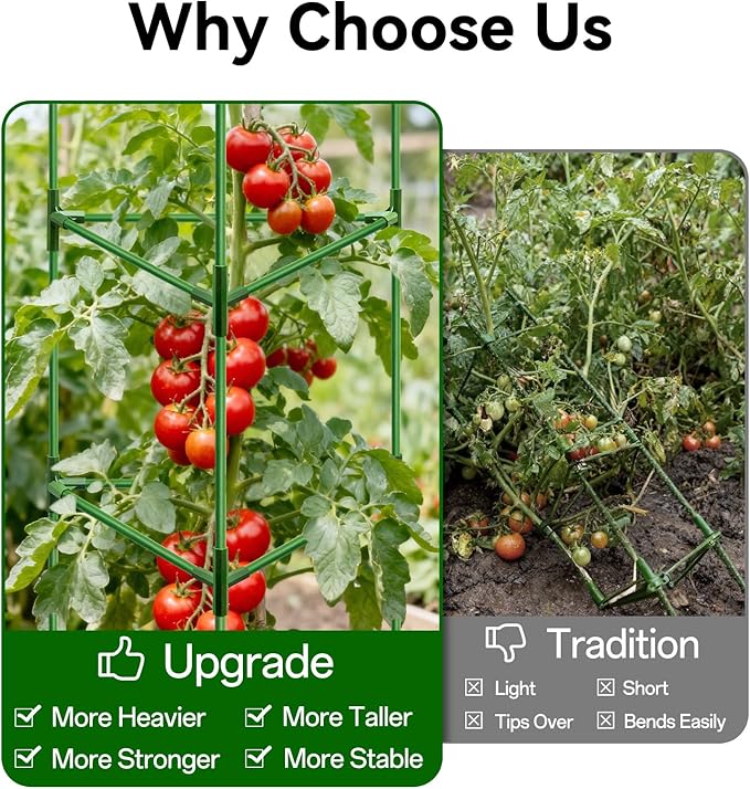 Halatool 57 Inch Tall Tomato Cages, 2 Pack Heavy Duty Metal Plant Supports Stakes for Garden, Adjustable Foldable Steel Trellis for Climbing Plants Cucumbers Peppers Cherry Flowers Vegetables Fruits