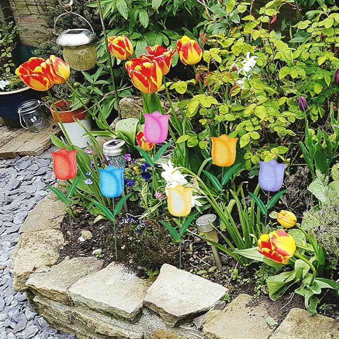 hogardeck Garden Decor for Outside, Set of 6 Metal Tulip Flowers Decorative Garden Stakes for Yard Decor, Outdoor Decorations Yard Art for Lawn Front Porch Pathway Patio (Multi-Color)