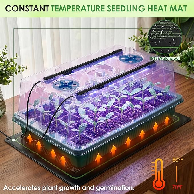 Biupky 2 Set 40-Cell Seed Starter Trays with 1 Set of Grow Light and 25 x 50 cm Seedling Heat Mat, 3.6" Higher Cover, Adjustable Vents, Drainage Holes, Green Propagation Tray for Planting Seeds