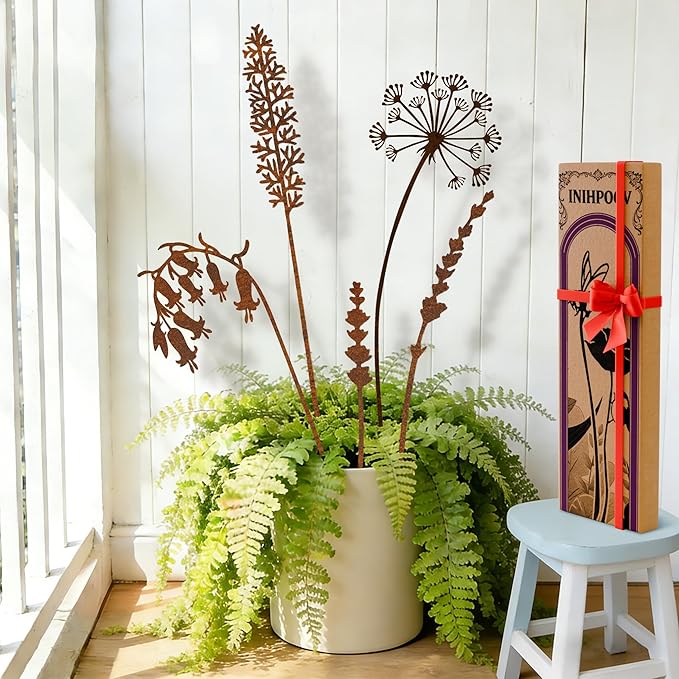 5-Pack Rustic Metal Decorative Garden Stakes, Multiple Nature-Inspired Designs, Metal Flowers Indoor&Outdoor Garden Decor, Gift-Boxed Yard Art for Pots, Planters Flower Beds (Wildflower Mix Set)