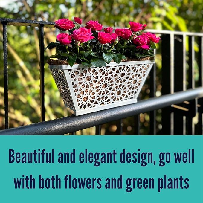 LaLaGreen Window Boxes Planters for Outdoor Plants (2 Pack, 12 Inch) White Metal Small and Cute Fence Rectangular Hanging Planters Flower Box with Coco Liner, Horse Troughs Balcony Deck Railing Porch