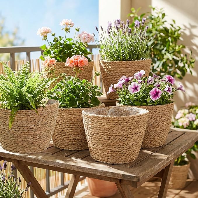 5 Pcs Large Premium Seagrass Planter Basket 10.2x7.5x7 Stylish Planter Baskets Woven Wicker Baskets with Plastic Lining for Indoor Outdoor Flower Plants Pots Cover Room Decor