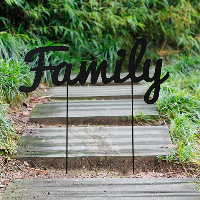 Metal Letters Garden Stakes Yard Art Word Sign Lawn Decoration Indoor Outdoor Plant Pot Decor Decorative Stick for Patio Pathway Flower Bed (family)