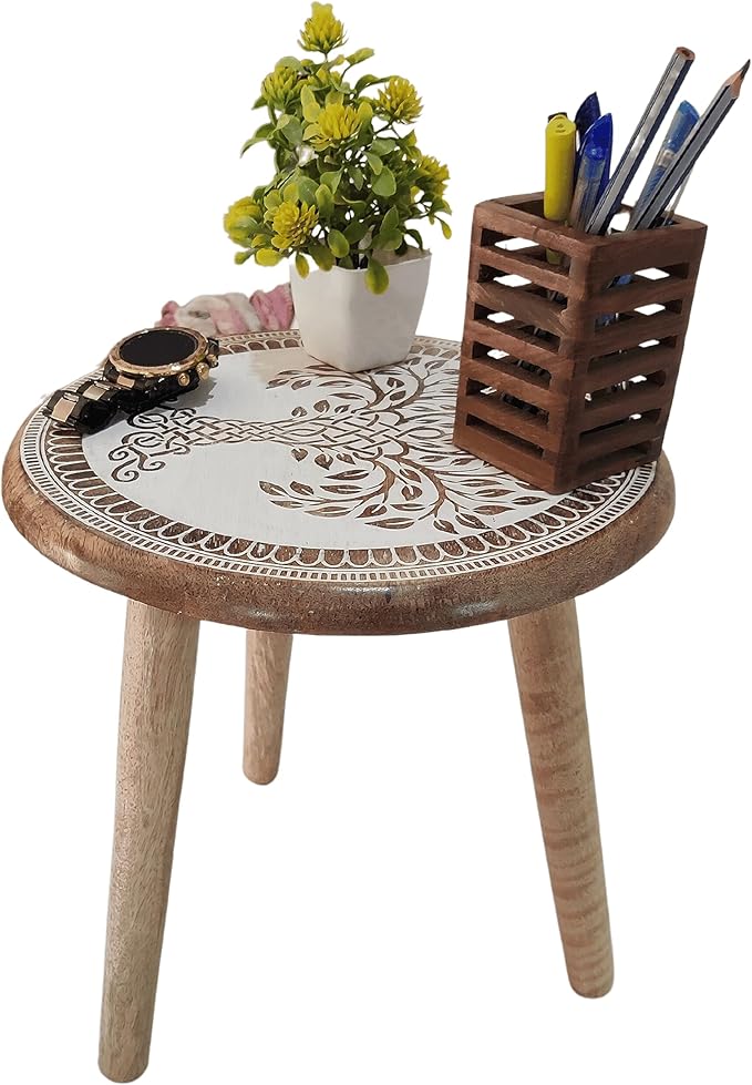 VANIYA CRAFTS® Wooden Engraved Fold-able Side Table/End Table/Plant Stand/Stool for Living Room Bedroom Restaurant Kids Play Furniture Table Round Shape (Natural White 3)