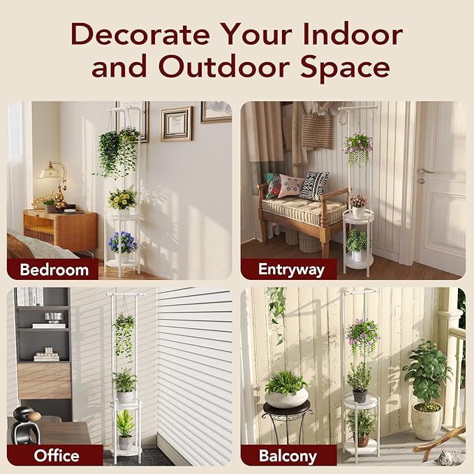 Homsorout Plant Stand Indoor Outdoor - Heavy Duty Metal 2-tier Hanging Plant Holder Space-Saving Iron Plant Stands Tall Plant Shelf for Living Room Garden Balcony (White)