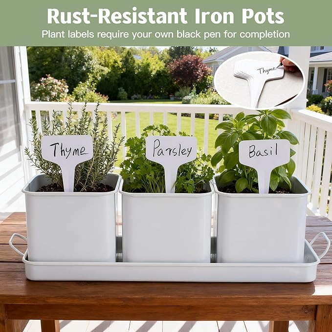 Indoor Herb Garden, Herb Planter Set with Handled Tray, 3 Iron Indoor Plant Pots with Drainage Holes, Windowsill Planter with Customizable Labels, Marker Pen, 10 Plant Labels, Window Pots, White